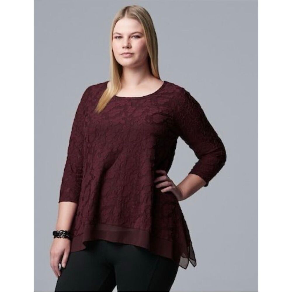 Vera Wang Lace overlay chiffon handkerchief hem 3/4 sleeves flowy blouse XL